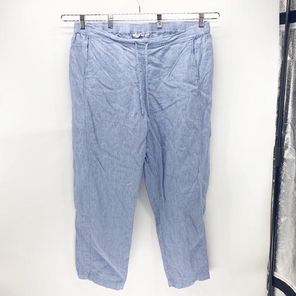 Orvis blue white linen draw string pockets cropped pants preppy lightweight - Picture 1 of 8